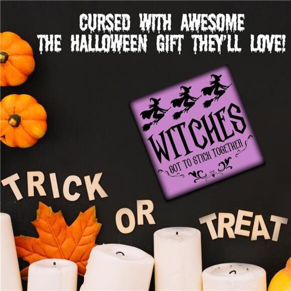 Halloween Wooden Sign with Metal Stand - Witches Got To Stick Together - 5 Inch - Picture 5 of 6